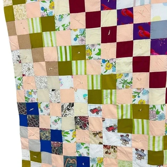 Handmade Patchwork Quilt Reversible Floral Backing Cottagecore Farmhouse Decor - Picture 5 of 9